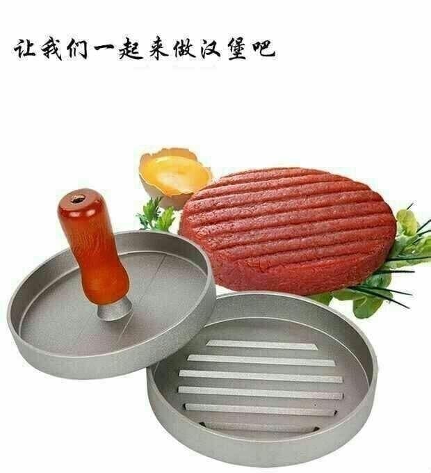 🍔 مكبس برجر معدني بيد خشب – لتحضير برجر بيتي صحي ومتساوي بكل سهولة ❤️