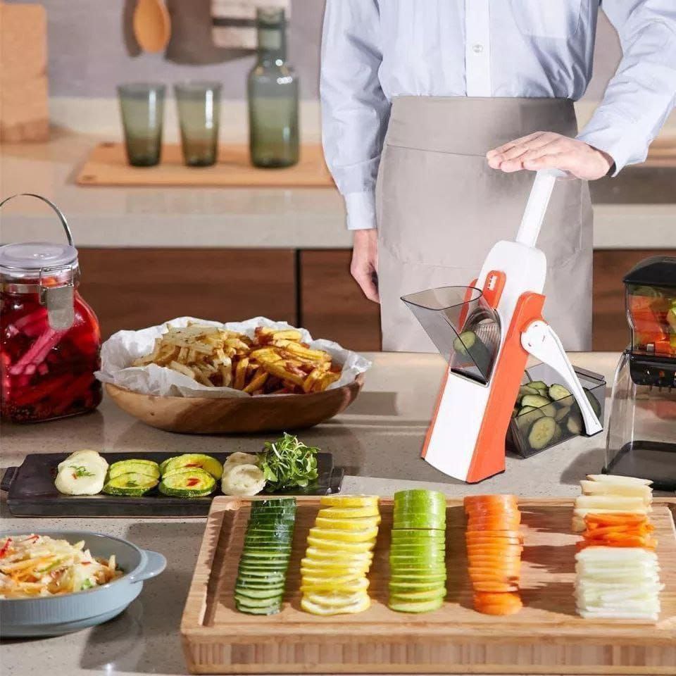 🥗 قطّاعة الخضار المبتكرة ماندولين 5×1 – أمان، سرعة، وأشكال متعددة