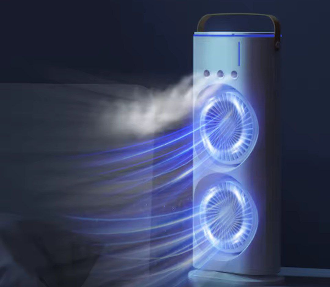 مروحة تبريد متنقلة ببطارية قابلة للشحن + خزان مياه + إضاءة LED