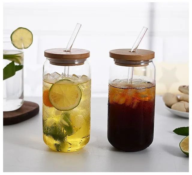كوب برطمان كانز زجاج – بايركس حراري + شاليموه زجاج وغطاء خشب | سعة 500 مل 🥤🪵