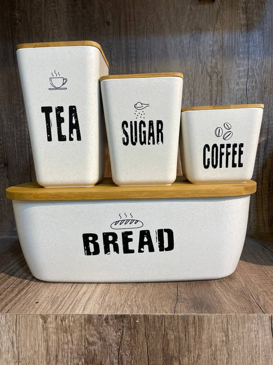 طقم كوفي + عياشة بامبو – بغطاء خشب شيك جداً | 3 برطمانات بأحجام مختلفة + عياشة تقديم 🪵☕