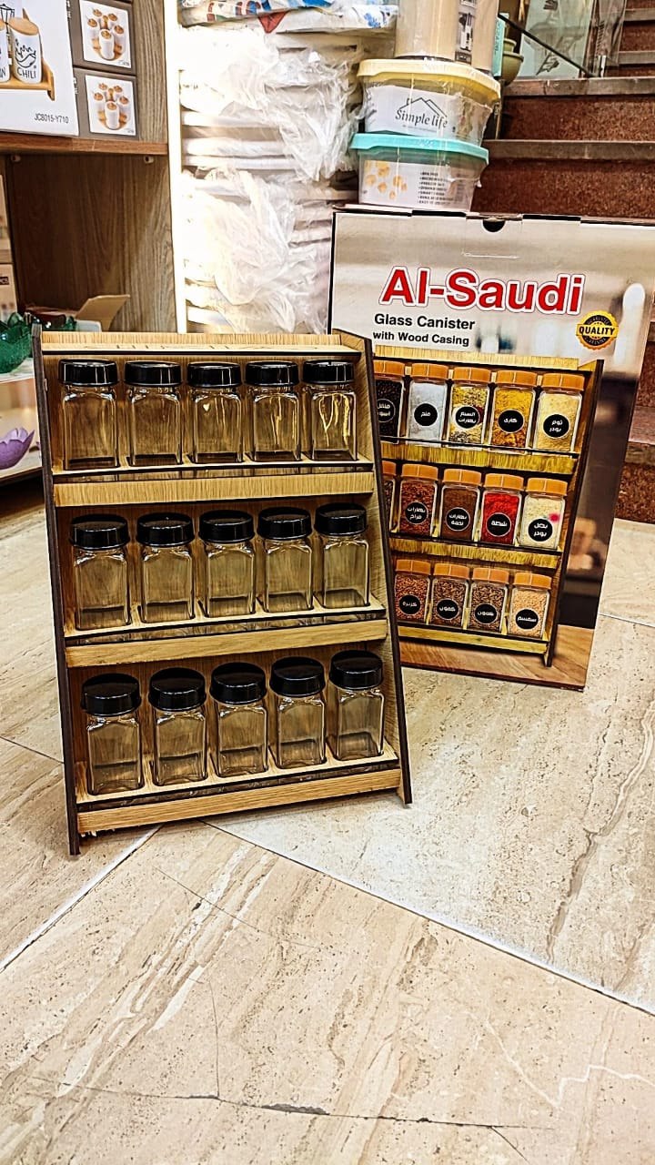 🫙 طقم توابل – 15 برطمان زجاج + سلم خشب أنيق