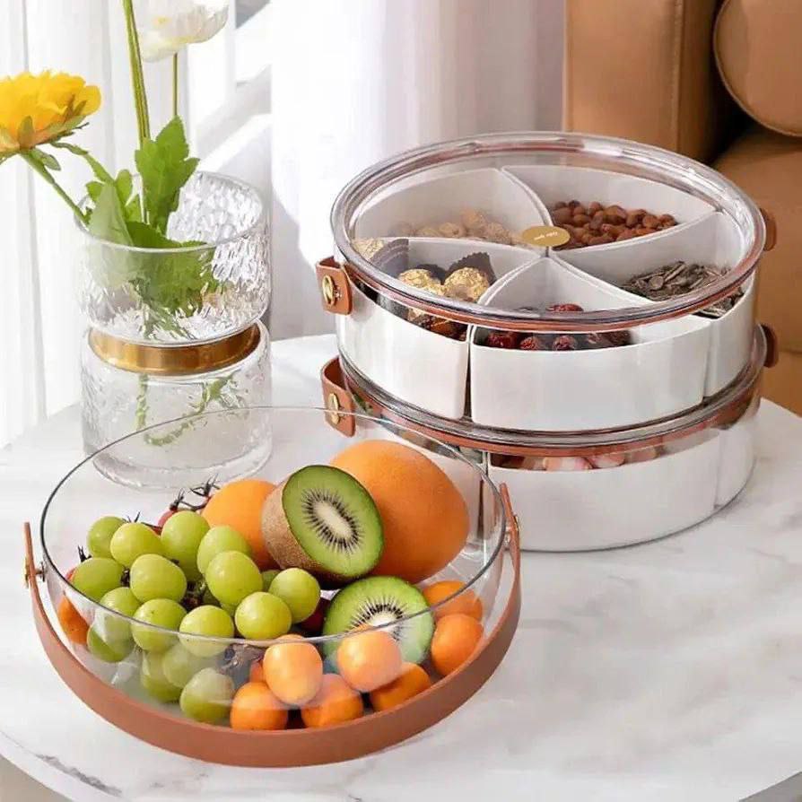 🍬 علبة تخزين الحلويات الجامبو – 5 خانات مع غطاء أكريليك وحامل جلد