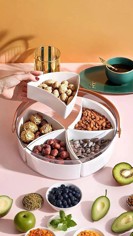 🍬 علبة تخزين الحلويات الجامبو – 5 خانات مع غطاء أكريليك وحامل جلد