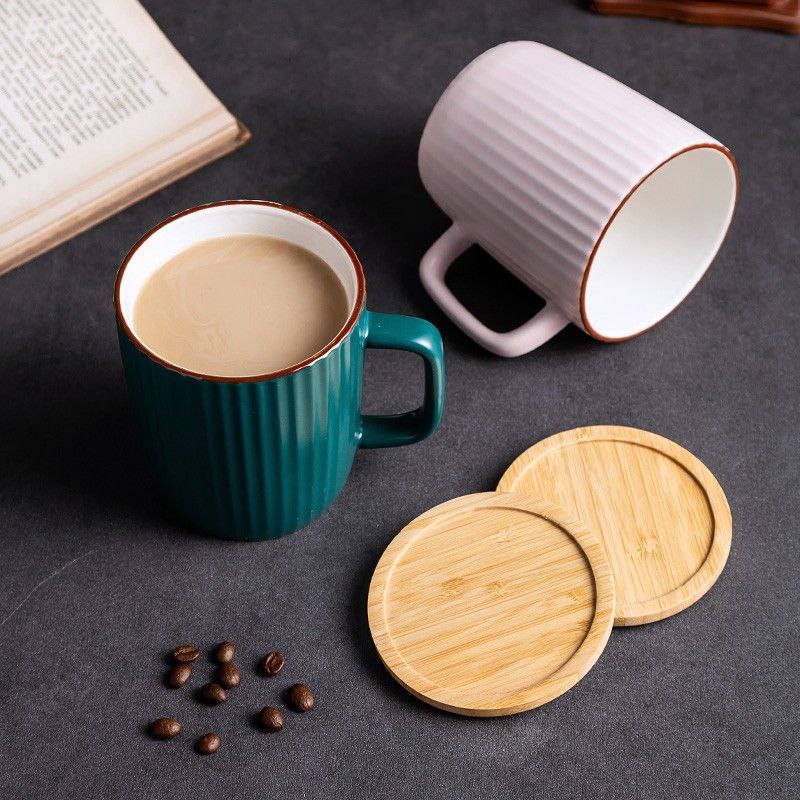 ☕ مج بورسلين مضلع بغطاء خشب + معلقة
