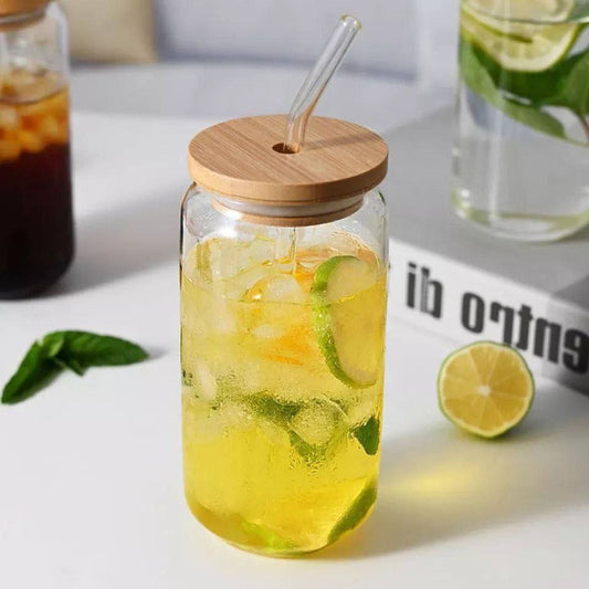 كوب برطمان كانز زجاج – بايركس حراري + شاليموه زجاج وغطاء خشب | سعة 500 مل 🥤🪵