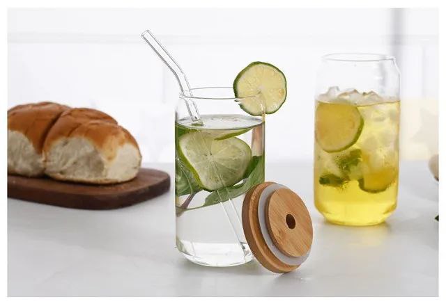 كوب برطمان كانز زجاج – بايركس حراري + شاليموه زجاج وغطاء خشب | سعة 500 مل 🥤🪵