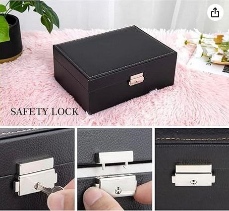 علبة إكسسوارات جلد بمفتاح حماية – 2 دور | خامة مستوردة أصلية 🖤💍 | مقاس 23×17×9 سم 