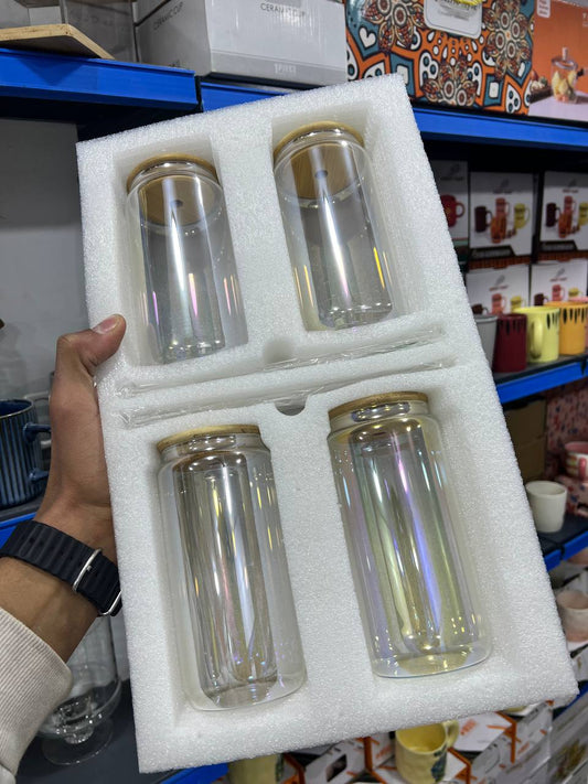 طقم كوب كانز زجاج 4×1 – بايركس حراري + شاليموه زجاج وغطاء خشب 🤍🥤 | سعة 550 مل 