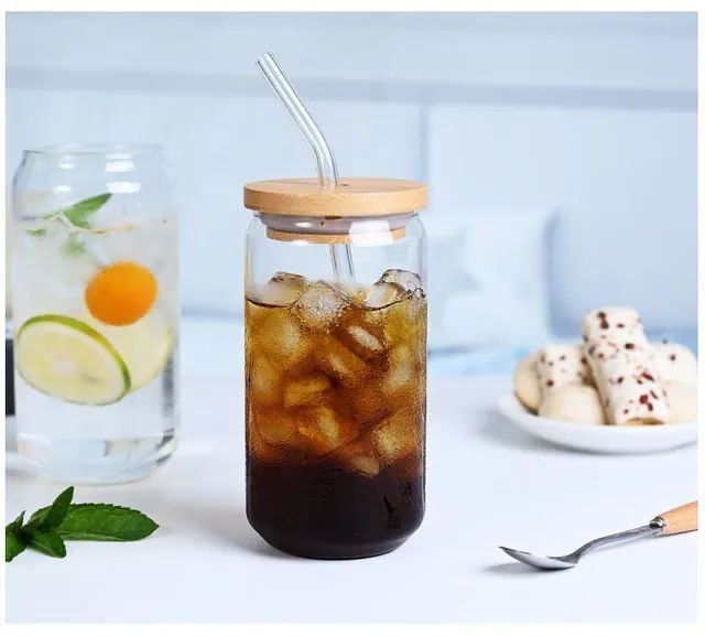 كوب برطمان كانز زجاج – بايركس حراري + شاليموه زجاج وغطاء خشب | سعة 500 مل 🥤🪵 