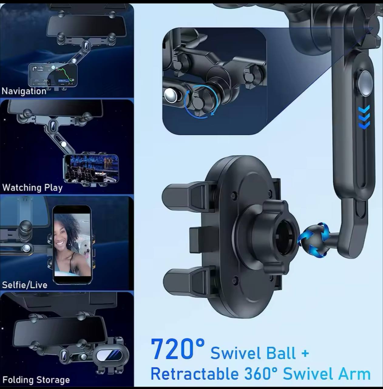 📱 360° Rotating Car Mirror Mobile Holder
