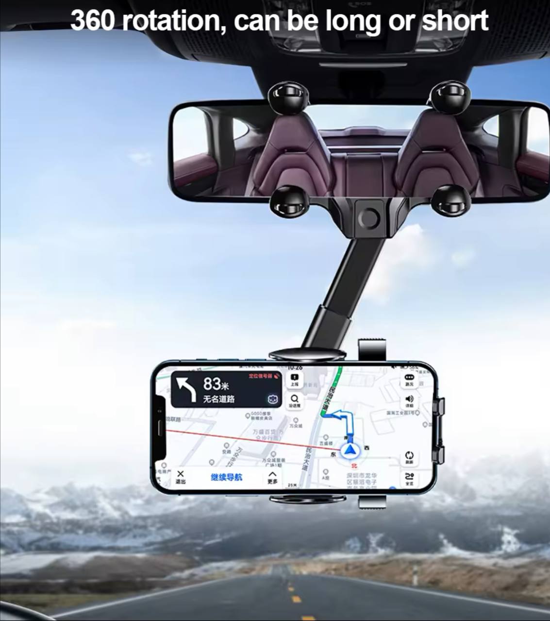 📱 360° Rotating Car Mirror Mobile Holder