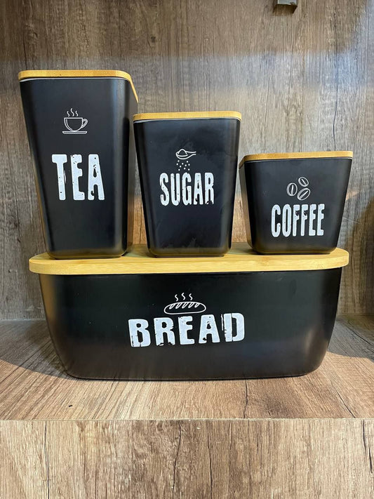 طقم كوفي + عياشة بامبو – بغطاء خشب شيك جداً | 3 برطمانات بأحجام مختلفة + عياشة تقديم 🪵☕ 