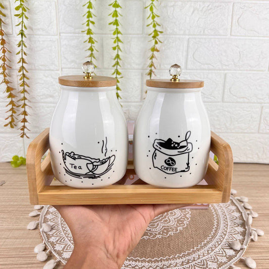 ☕ طقم برطمان بورسلين شيك بغطاء وحامل خشب – 2 قطعة