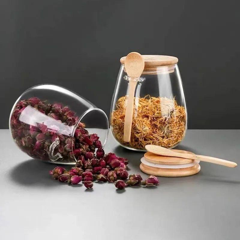 ✨ طقم علب زجاج بيور بغطاء خشب + معلقة خشب