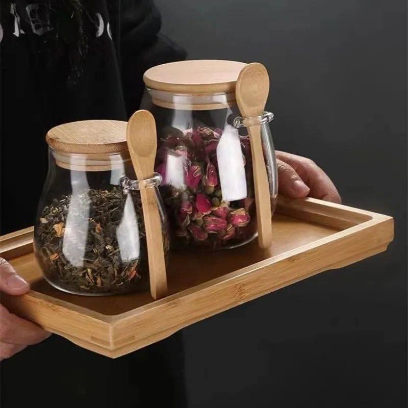 ✨ طقم علب زجاج بيور بغطاء خشب + معلقة خشب