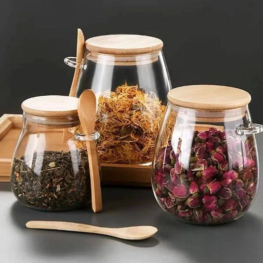✨ طقم علب زجاج بيور بغطاء خشب + معلقة خشب