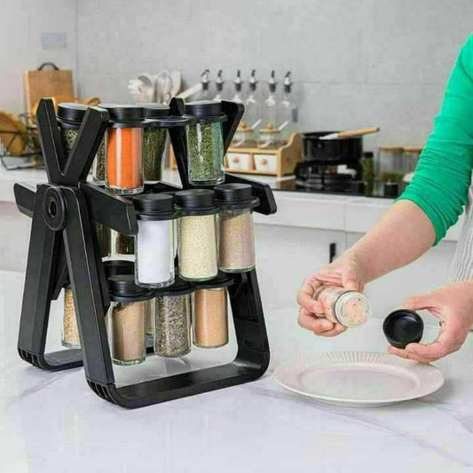 طقم توابل دوار 18 قطعة بتصميم ساقية – برطمانات أكريليك شفاف على حامل دوار 360 درجة