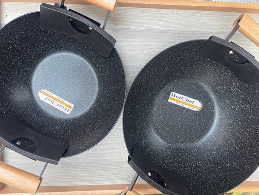 🍳 طقم ووك 2 قطعة جرانيت بمقبض خشب – جودة عالية وتصميم أنيق