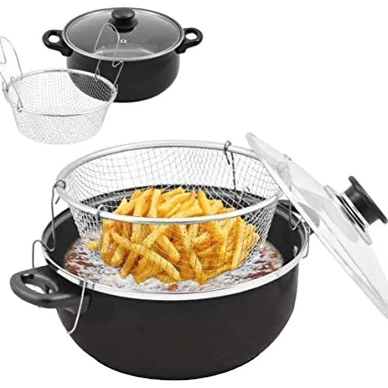 حلة تحمير جرانيت 💫 – مع باسكت شبك وغطاء زجاجي حراري | مقاس 26 سم 🥘🍟 