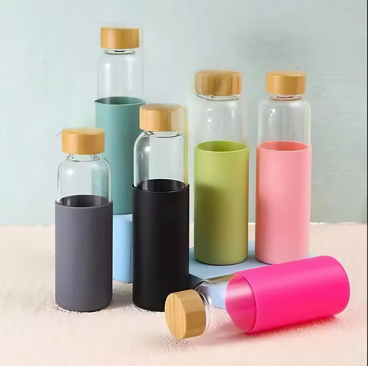 💧 زجاجة مياه زجاج × سيليكون × غطاء خشب – 500 مل