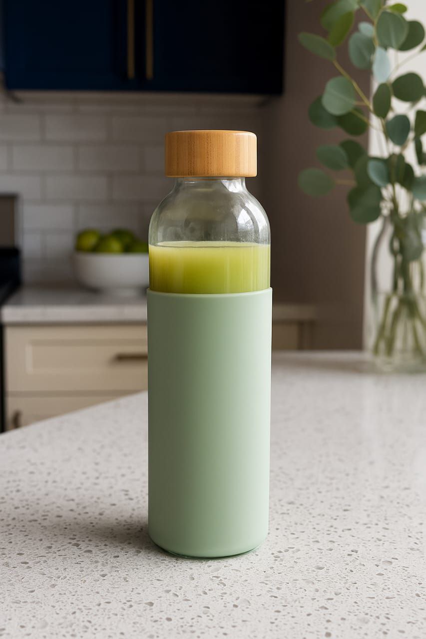 💧 زجاجة مياه زجاج × سيليكون × غطاء خشب – 500 مل