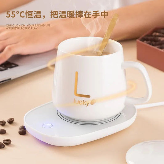 ☕ مج بورسلين فاخر + قاعدة تسخين كهربائية + غطاء + معلقة ذهبية