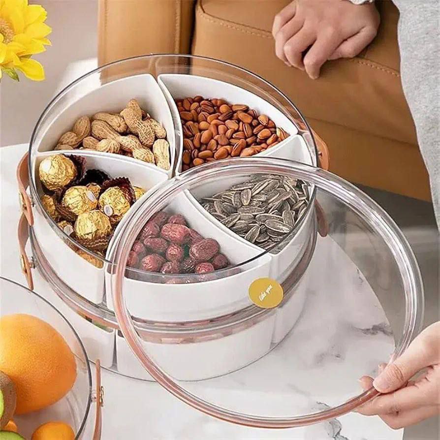 🍬 علبة تخزين الحلويات الجامبو – 5 خانات مع غطاء أكريليك وحامل جلد 