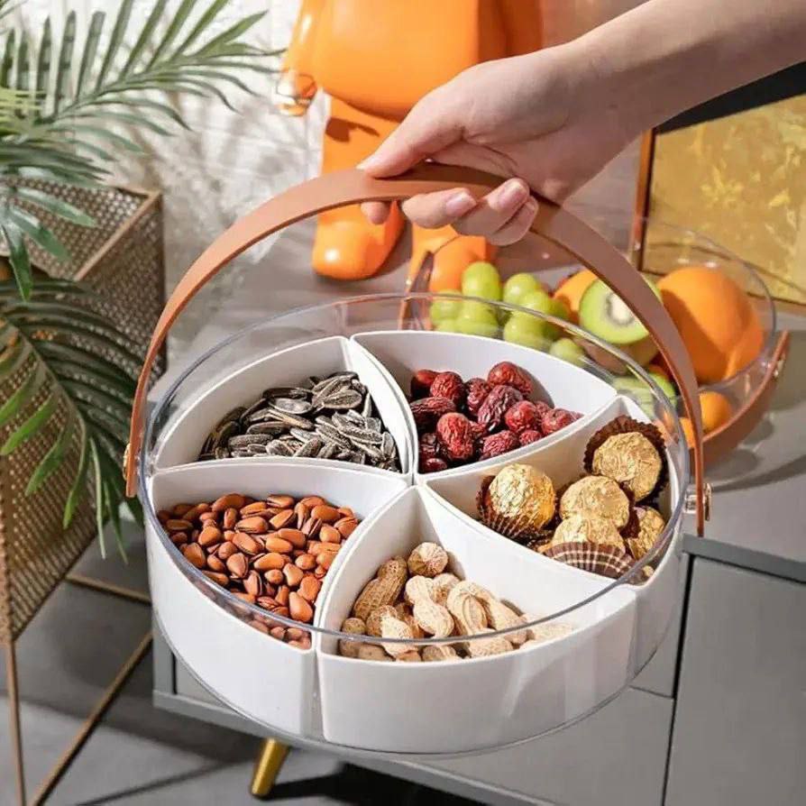 🍬 علبة تخزين الحلويات الجامبو – 5 خانات مع غطاء أكريليك وحامل جلد 
