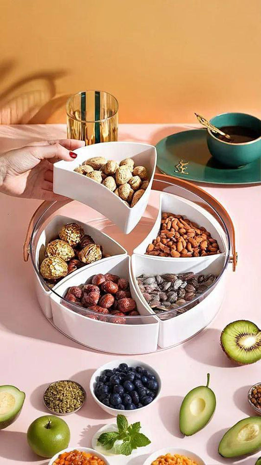 🍬 علبة تخزين الحلويات الجامبو – 5 خانات مع غطاء أكريليك وحامل جلد 