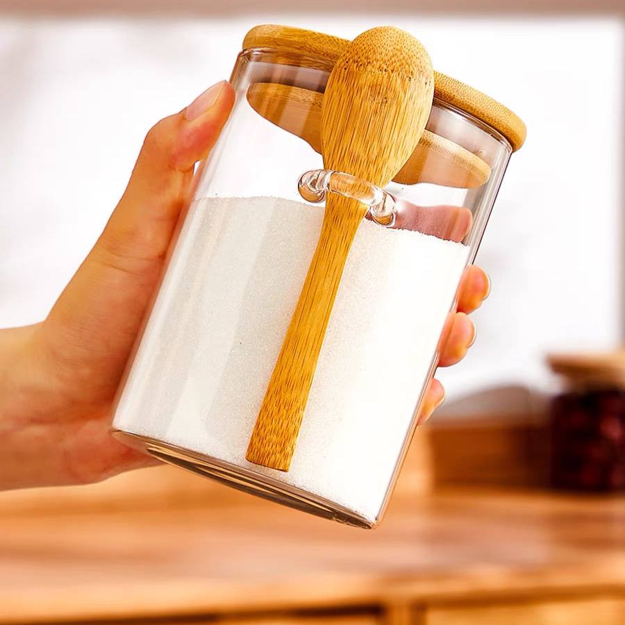 🏷️ برطمان توابل زجاج كريستال بغطاء بامبو + معلقة مدمجة | متوفر بـ3 سعات ✨🌿 